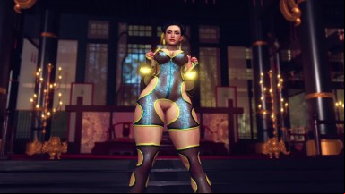 Busty Chun Li in slutty bodysuit solo dancing and posing in сhinese temple